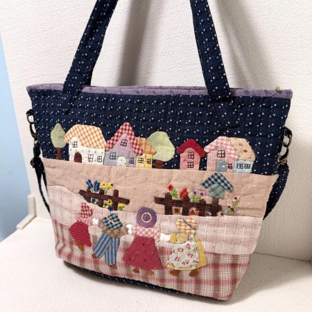 Whimsical Village Flower Market Appliqué Fabric Tote Bag