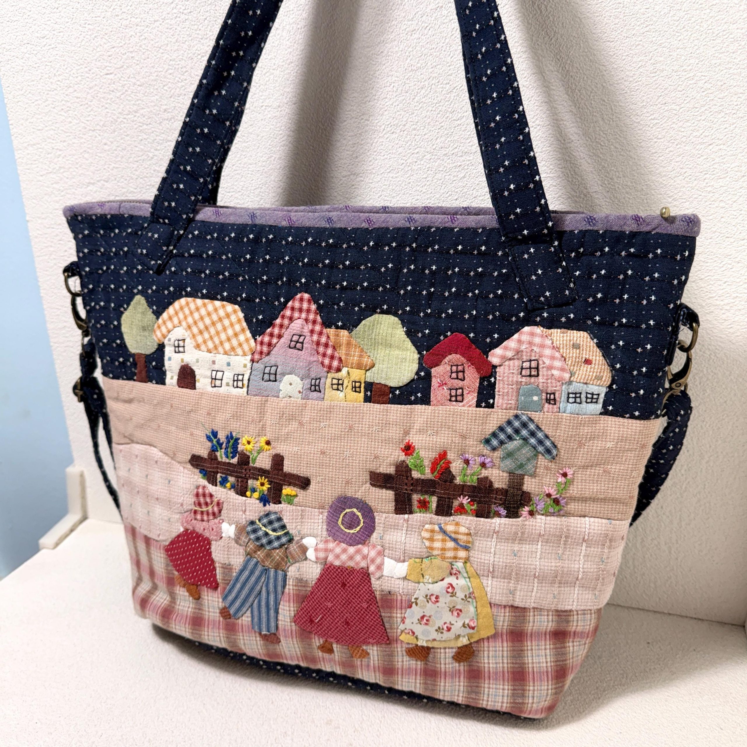 Whimsical Village Flower Market Appliqué Fabric Tote Bag
