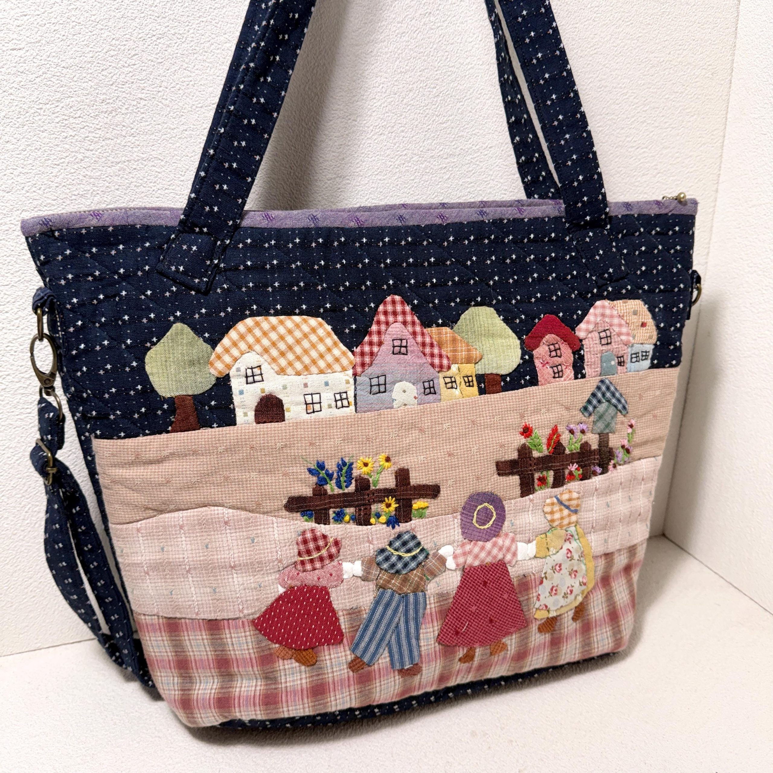 Whimsical Village Flower Market Appliqué Fabric Tote Bag - Image 2