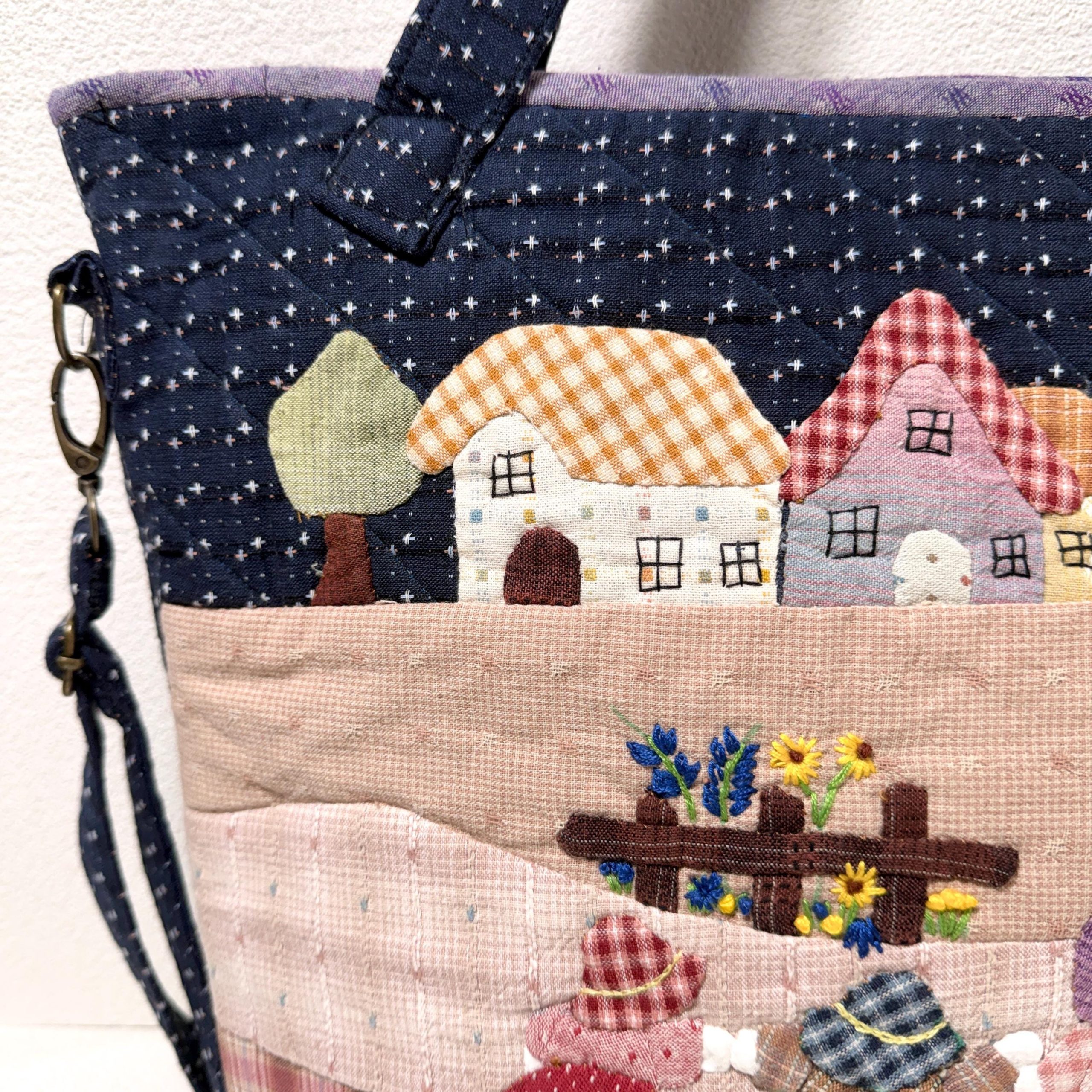 Whimsical Village Flower Market Appliqué Fabric Tote Bag - Image 3