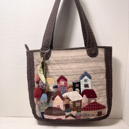 Whimsical Patchwork Storybook Village Quilted Fabric Tote Bag