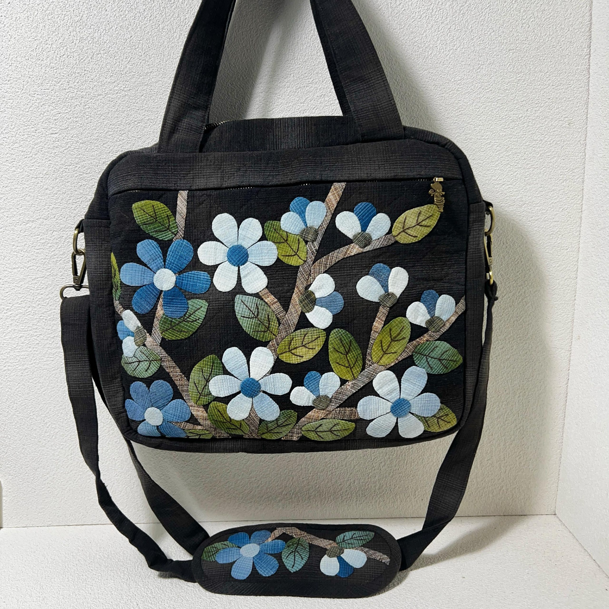 Elegant Blue Blossom Branch Appliqué Fabric Shoulder Tote Bag