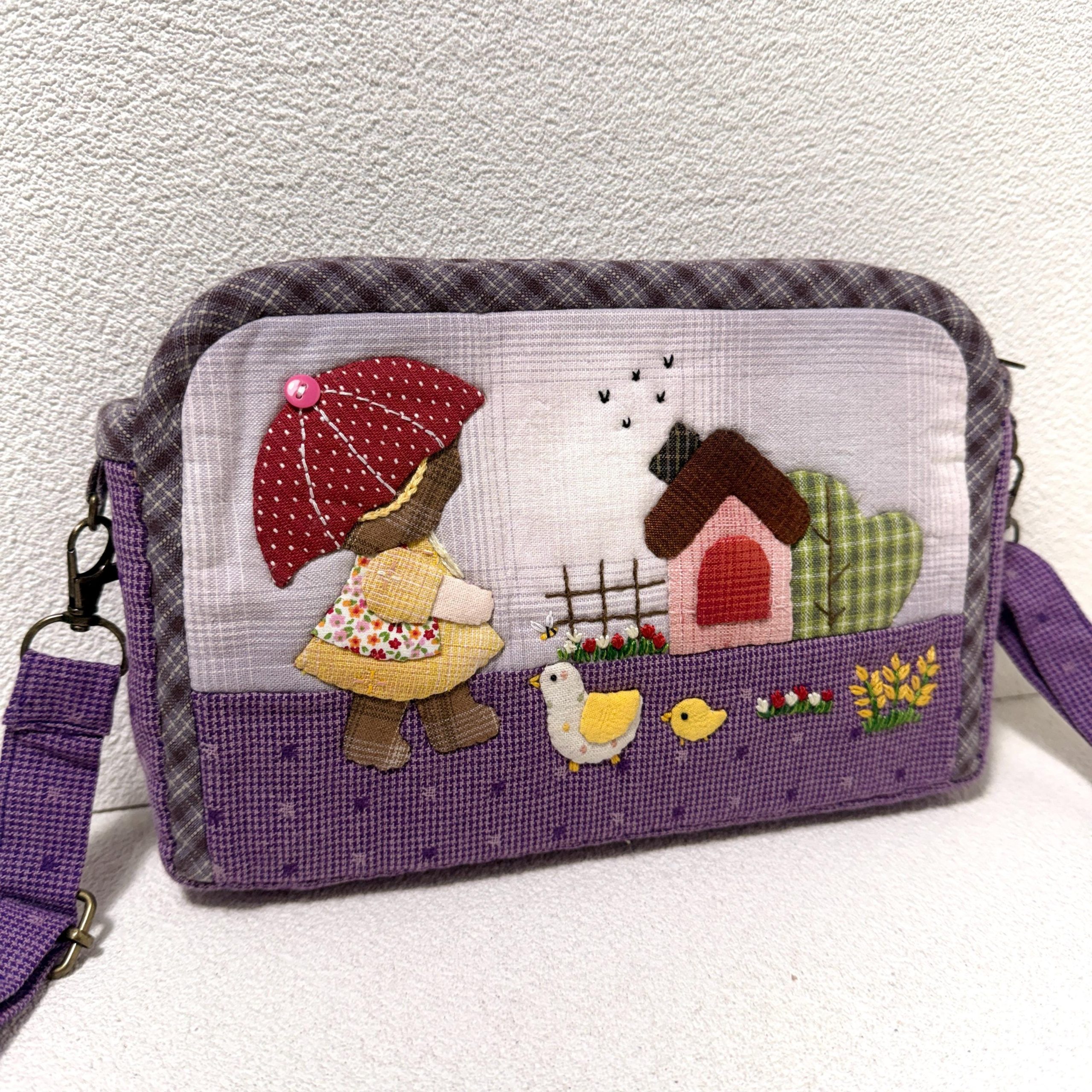 Whimsical Countryside Girl and Chicks Appliqué Quilted Fabric Crossbody Bag