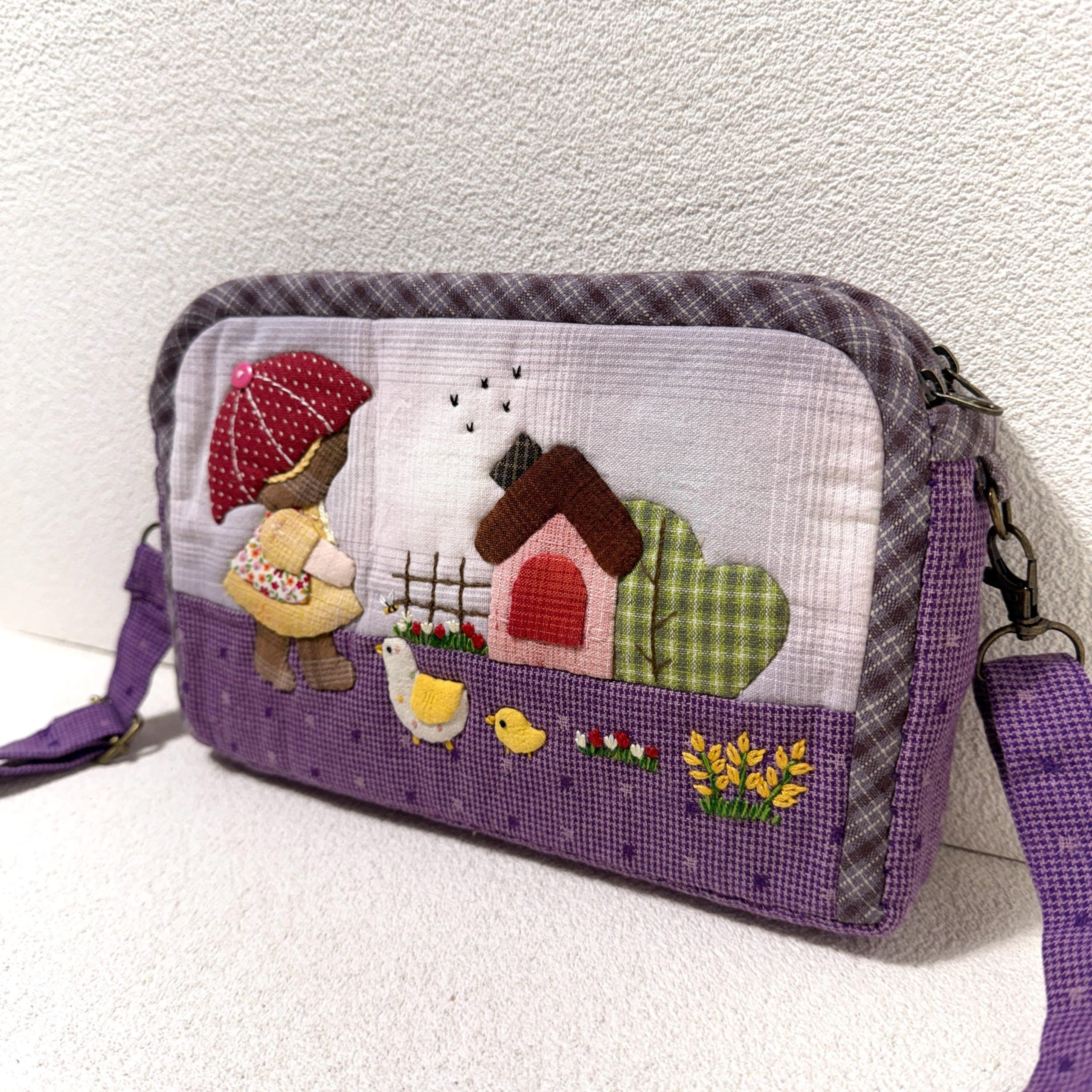 Whimsical Countryside Girl and Chicks Appliqué Quilted Fabric Crossbody Bag - Image 2