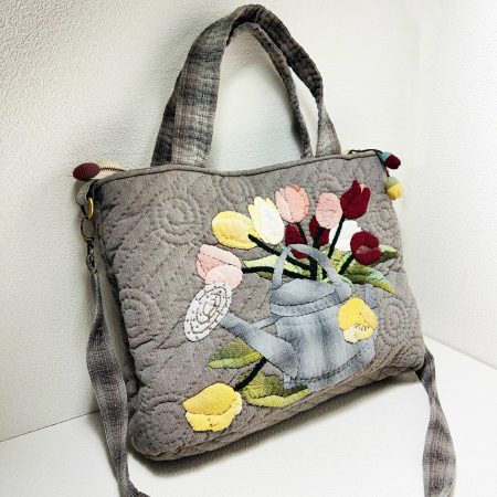 Whimsical Spring Garden Watering Can Appliqué Quilted Fabric Tote Bag