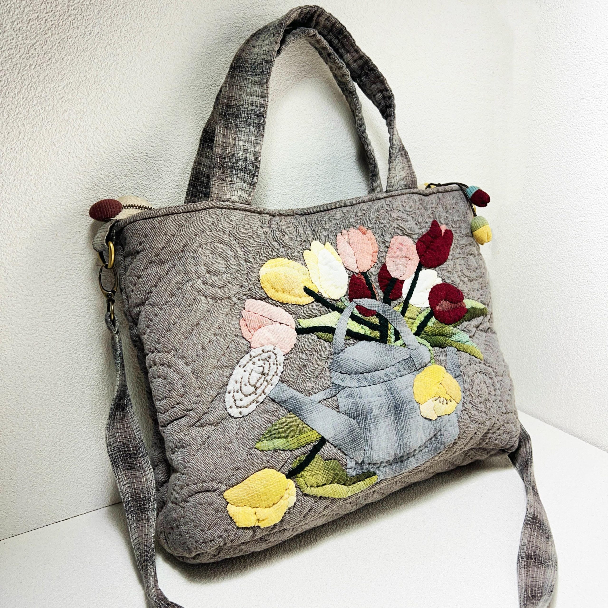 Whimsical Spring Garden Watering Can Appliqué Quilted Fabric Tote Bag
