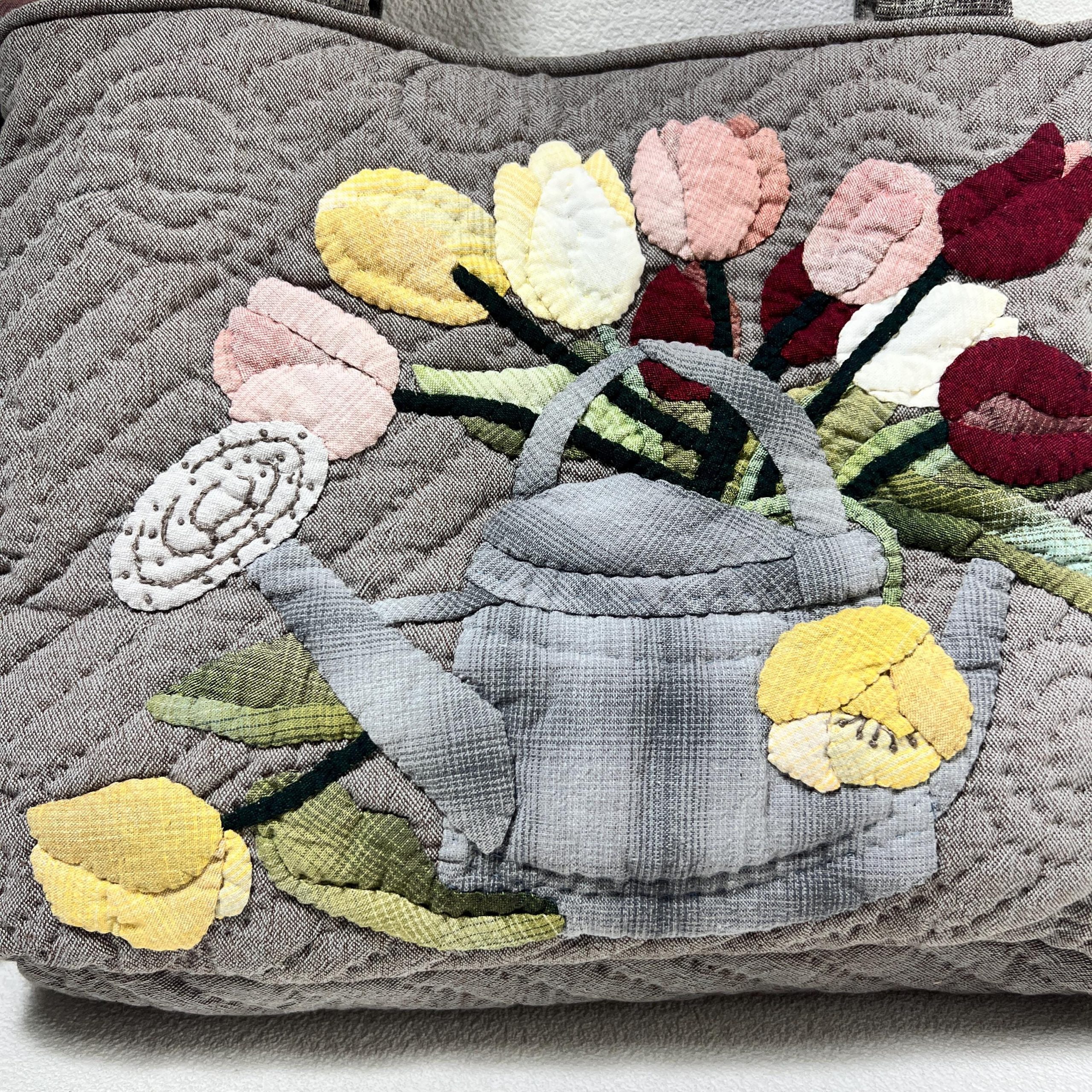 Whimsical Spring Garden Watering Can Appliqué Quilted Fabric Tote Bag - Image 3