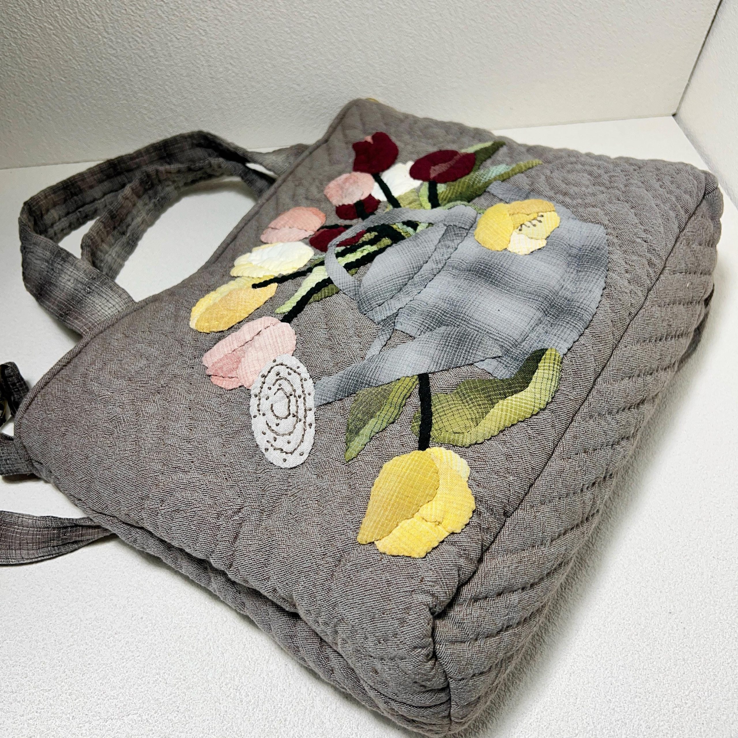 Whimsical Spring Garden Watering Can Appliqué Quilted Fabric Tote Bag - Image 5