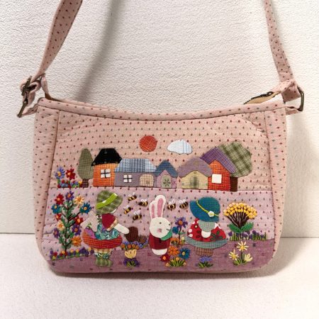 Whimsical Rabbit Garden Village Appliqué Quilted Fabric Shoulder Bag