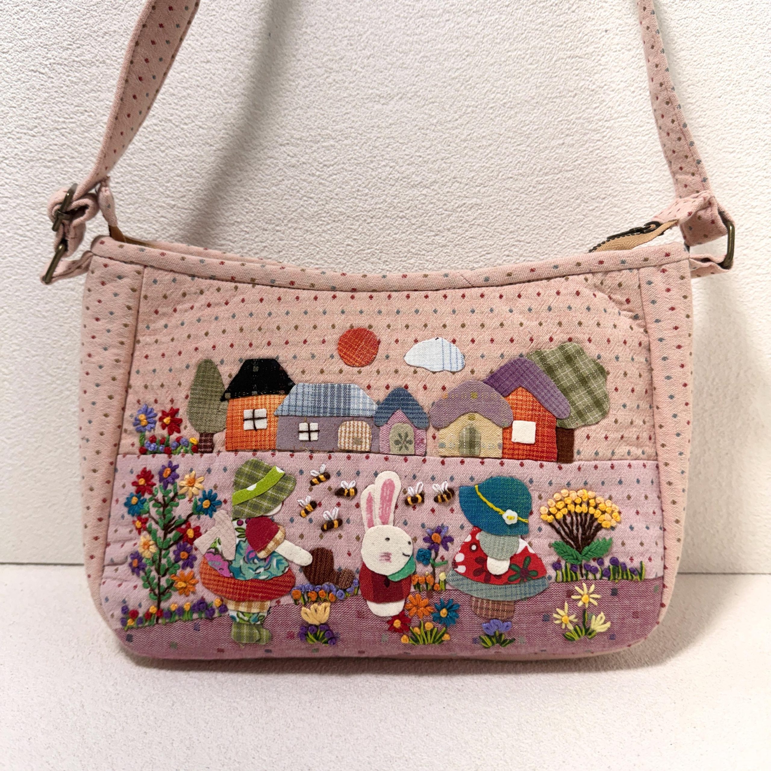 Whimsical Rabbit Garden Village Appliqué Quilted Fabric Shoulder Bag