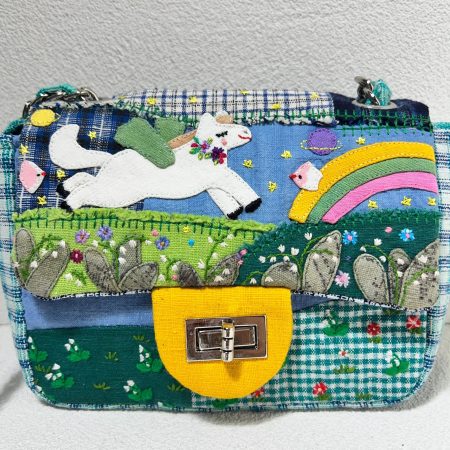 Whimsical Rainbow Unicorn Garden Appliqué Fabric Crossbody Bag