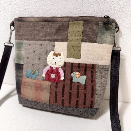 Whimsical Patchwork Cat and Butterfly Fabric Crossbody Bag