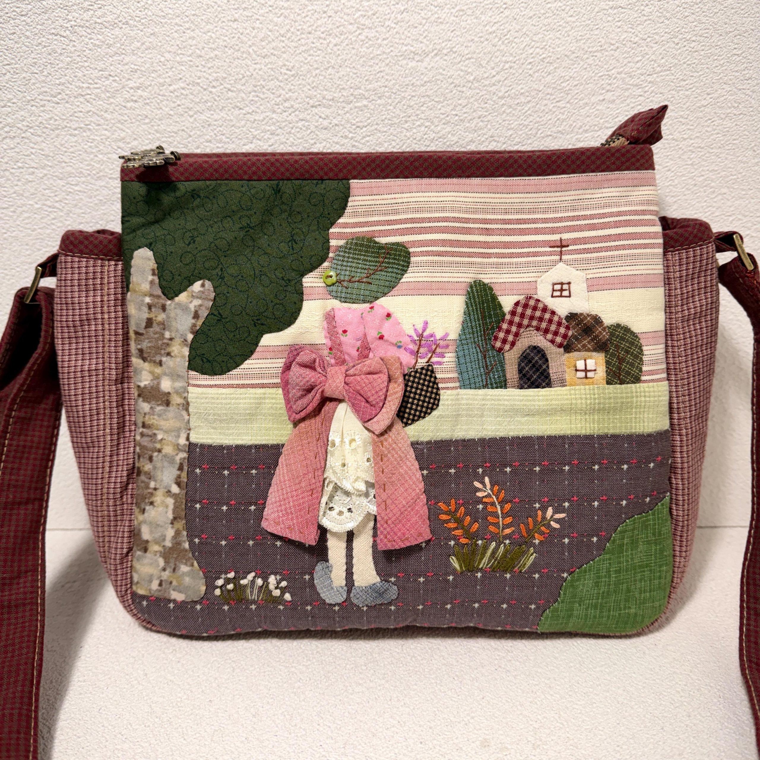 Whimsical Village Flower Girl Appliqué Fabric Crossbody Bag