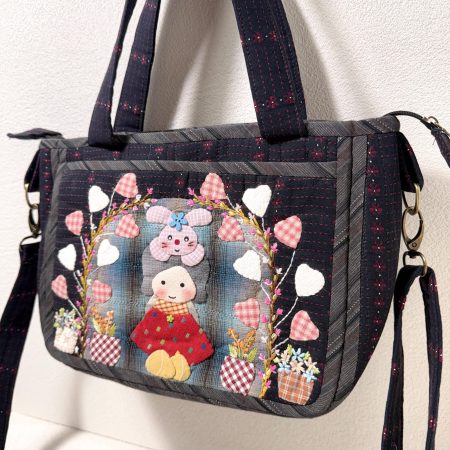 Whimsical Garden Girl and Cat Appliqué Quilted Fabric Tote Bag