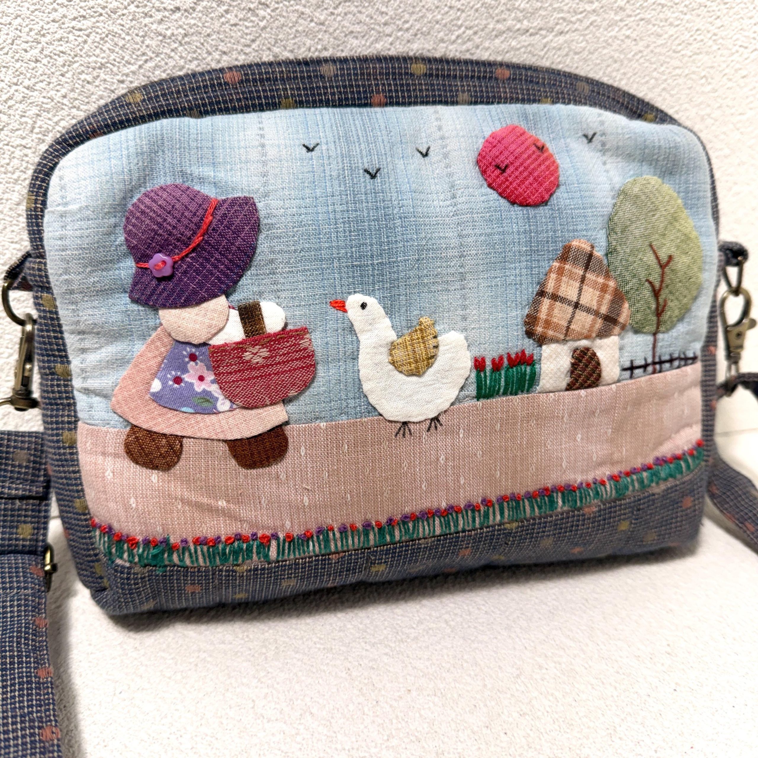 Whimsical Village Girl and Goose Appliqué Fabric Crossbody Bag
