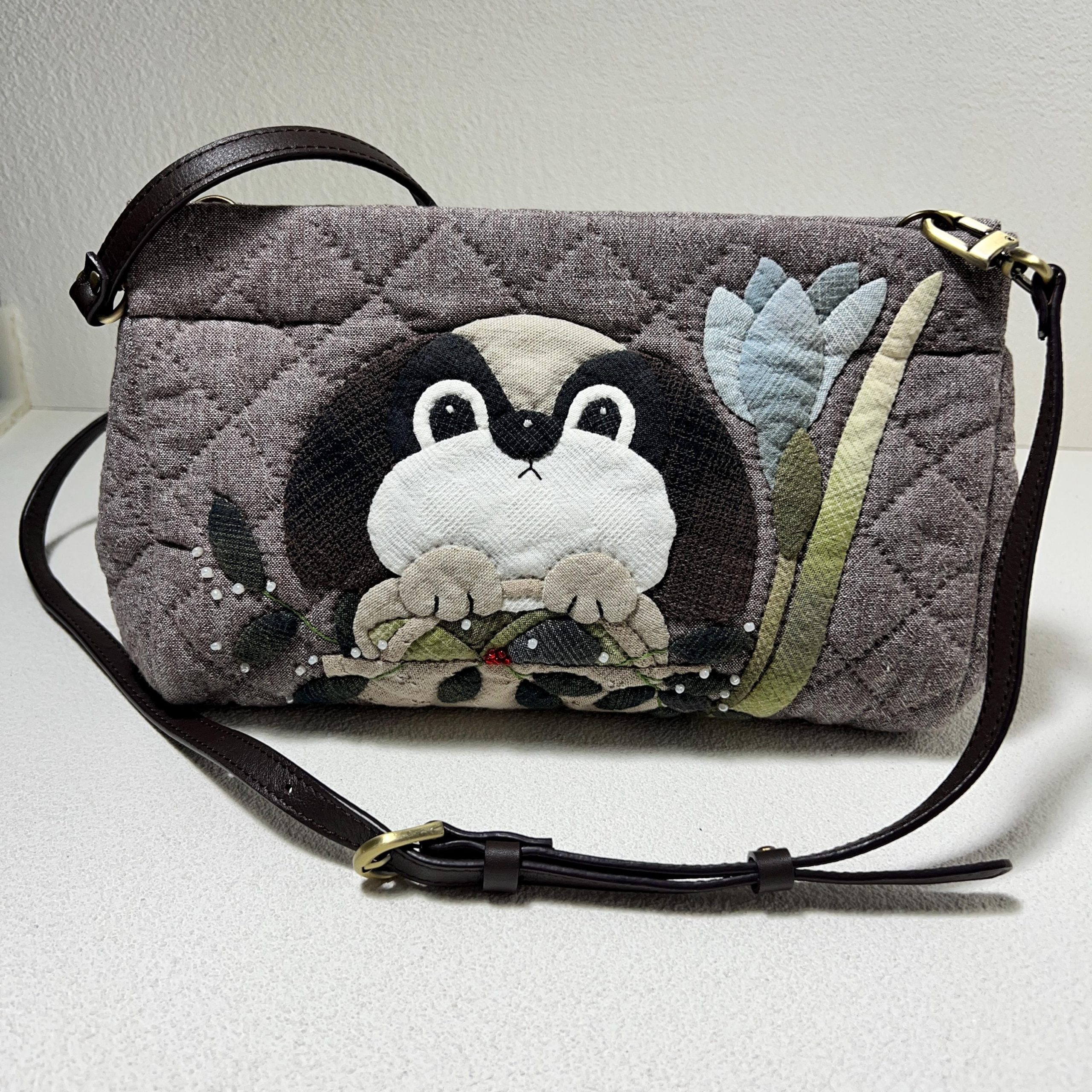 Whimsical Woodland Mole Appliqué Quilted Fabric Crossbody Bag