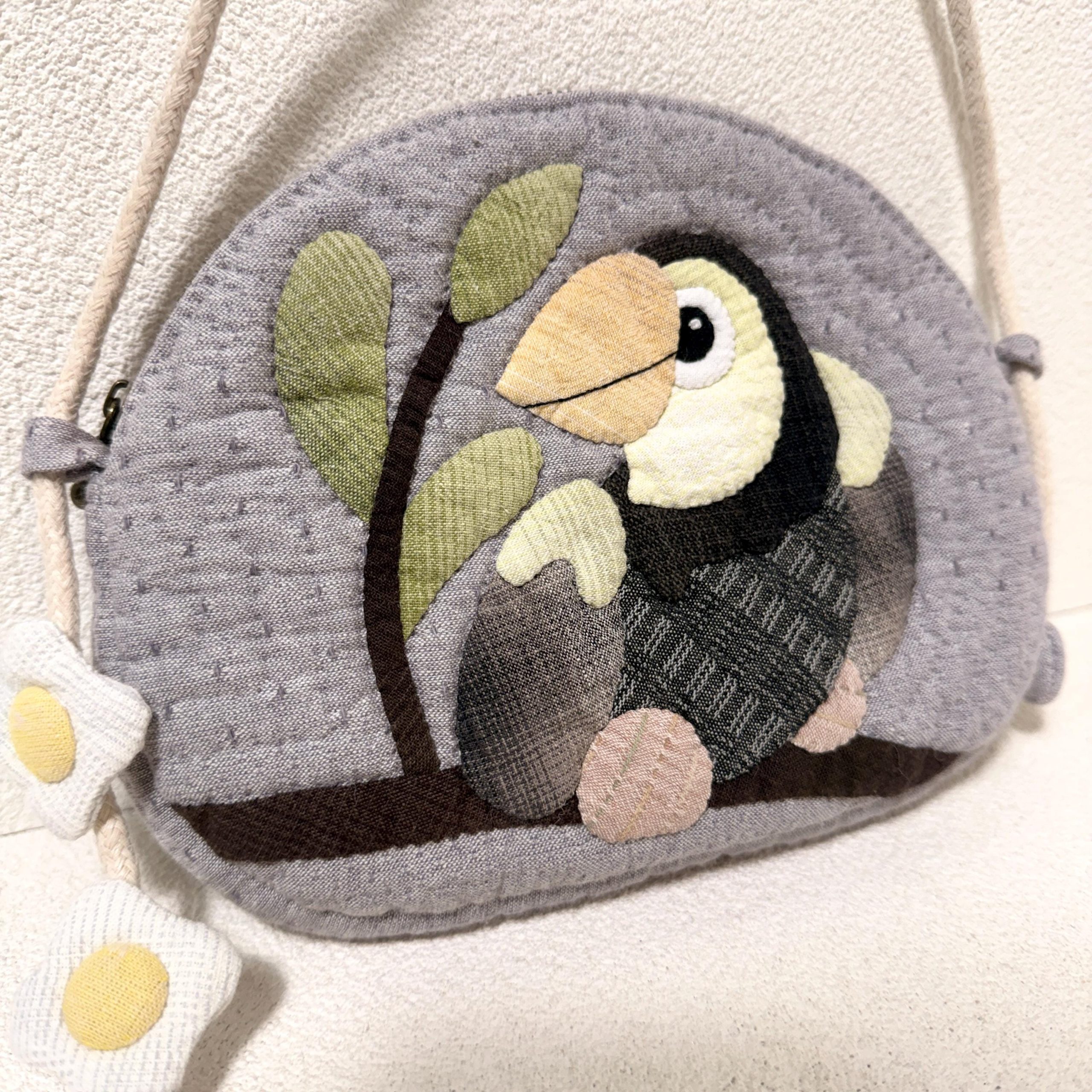 Whimsical Woodland Toucan Appliqué Quilted Fabric Crossbody Bag